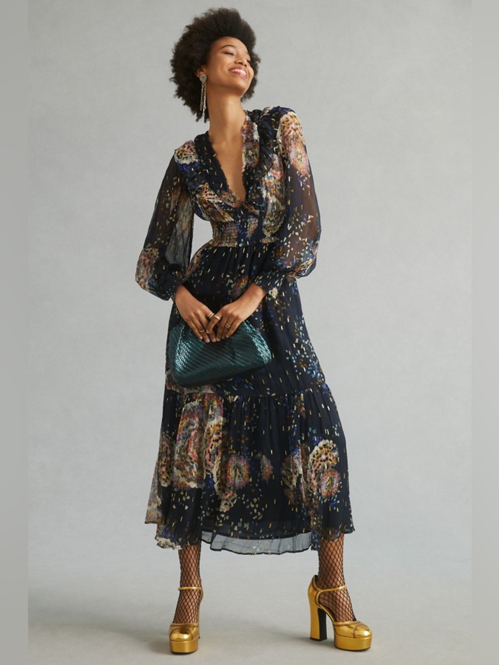 Anthropologie black gold print Smocked V-Neck Maxi Dress